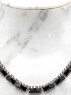KRAMER of New York Black & Clear Rhinestone Necklace Signed Vintage